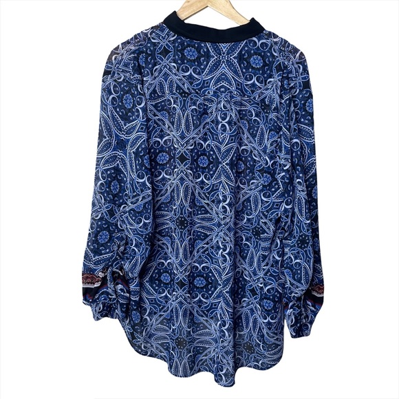 Cato Blue Red Bandana Tribal Aztec Sheer Button Up Top - Picture 2 of 9